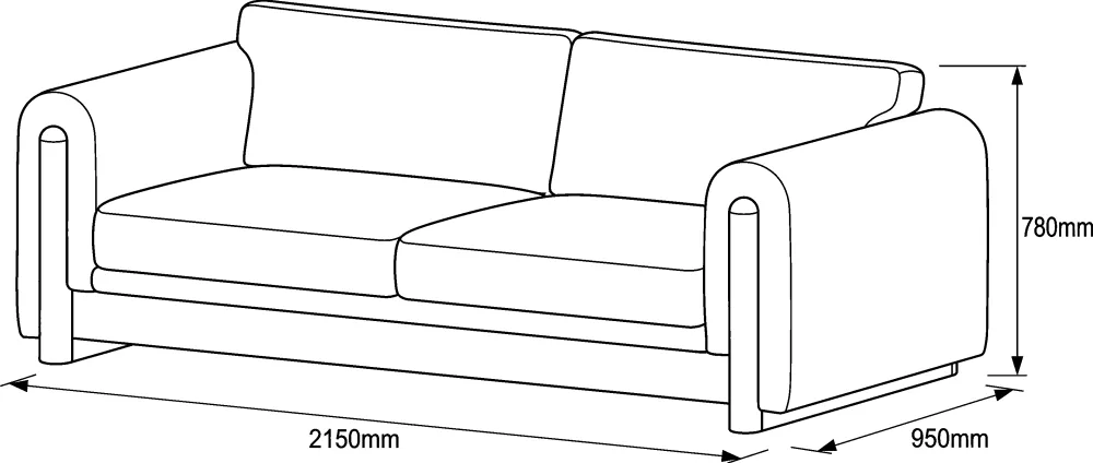 A dimensioned line drawing of the sofa, 2150 by 950 by 780 mm